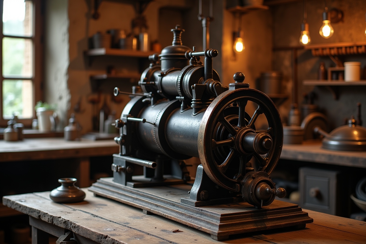 Ancienne machine à vapeur dans un atelier rustique.