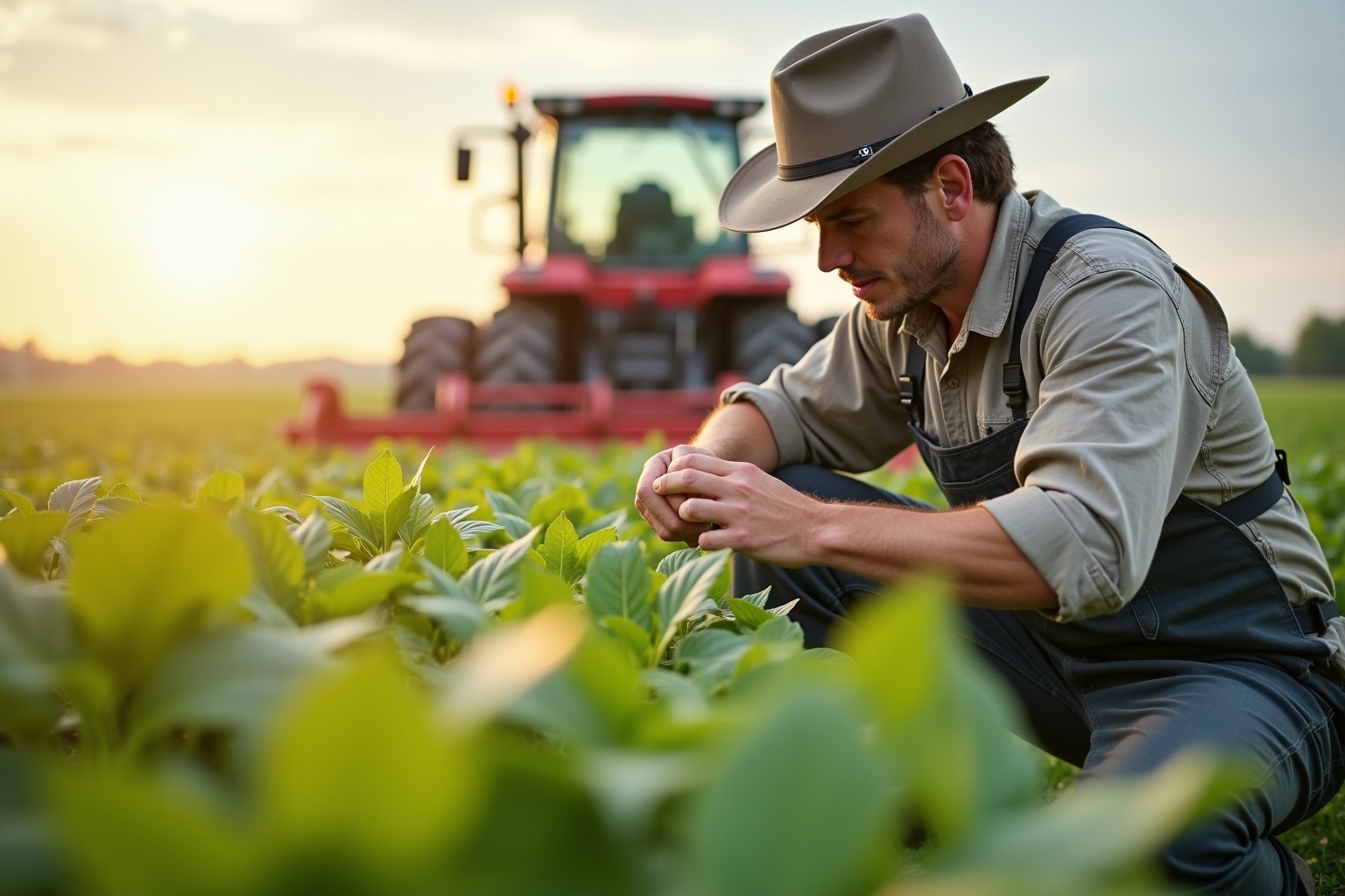 Agriculteur dans un champ de culture, observant attentivement les plants.