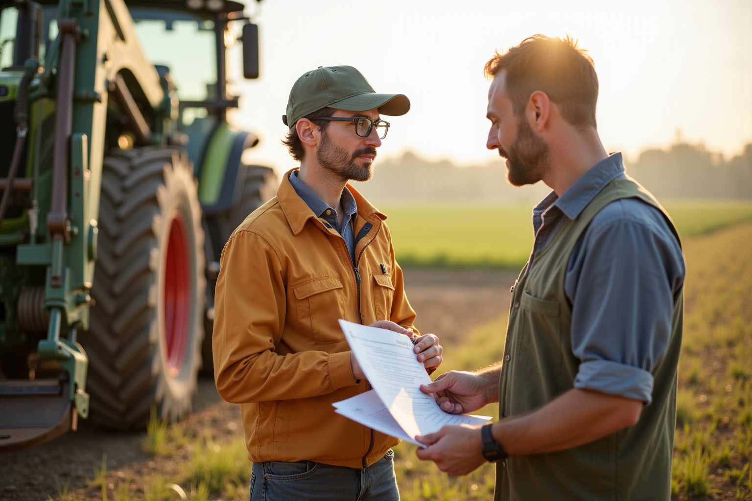 Deux hommes en discussion près d'un tracteur dans un champ au coucher du soleil.