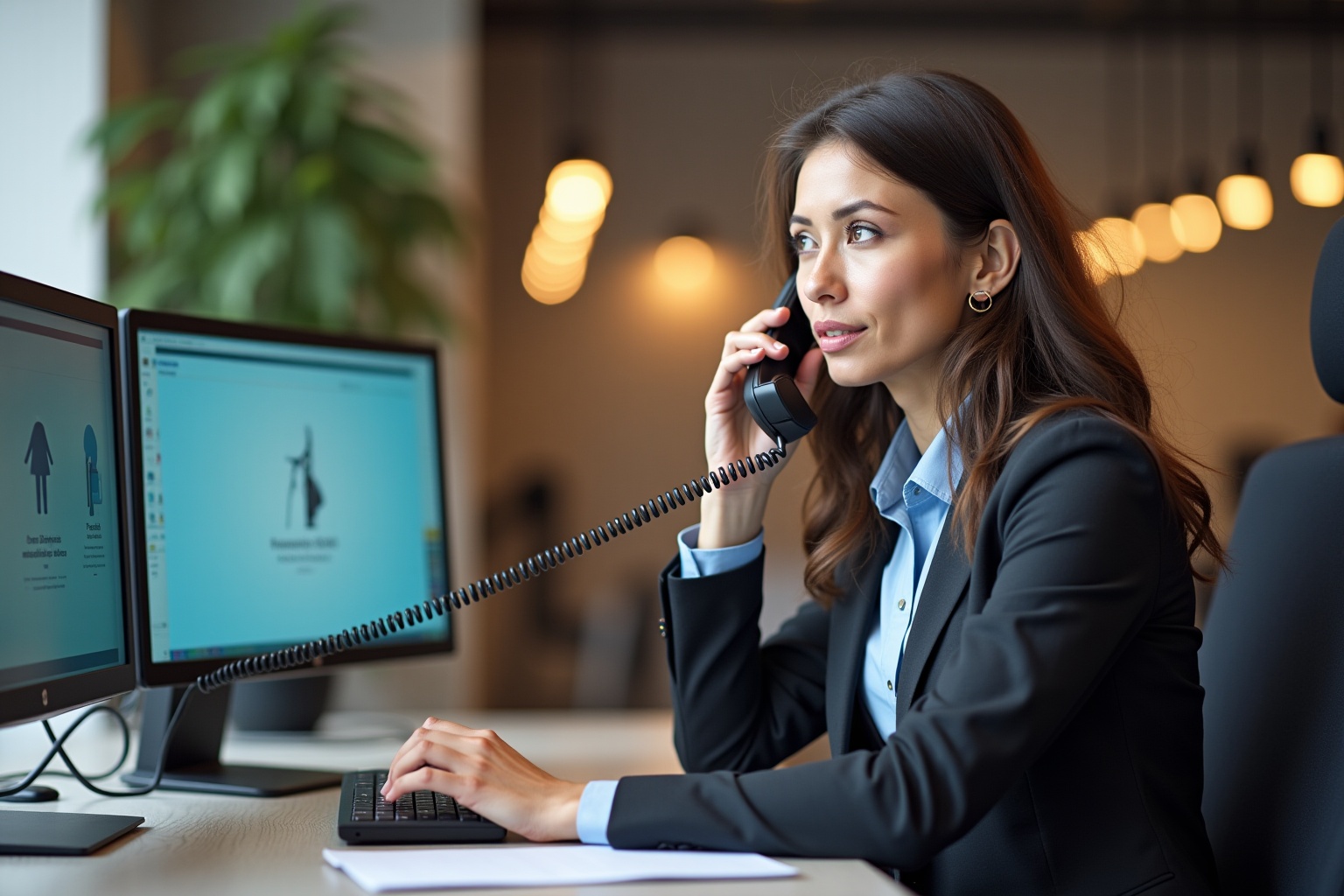 Femme d'affaires concentrée au téléphone dans son bureau.