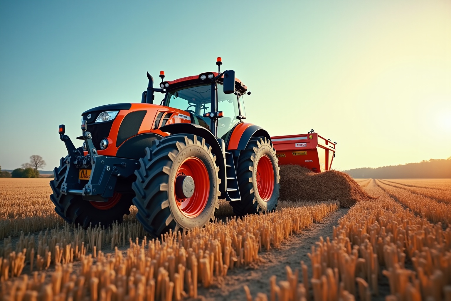 Tracteur agricole orange dans un champ de blé au coucher de soleil.