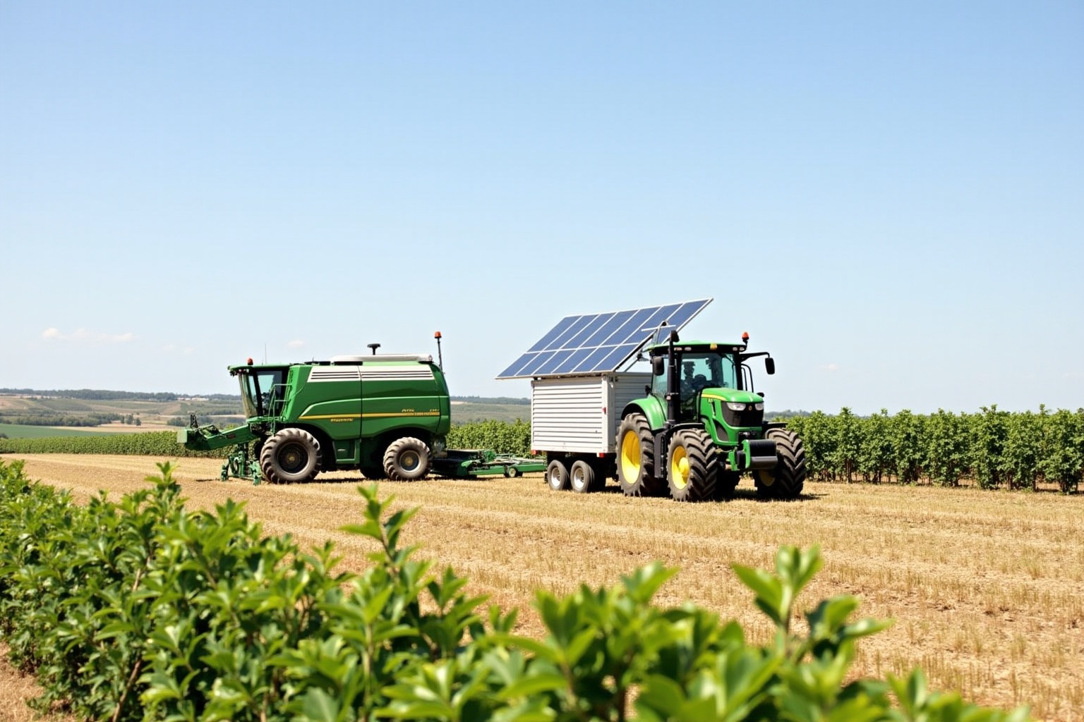 Tracteurs agricoles dans un champ avec panneau solaire.