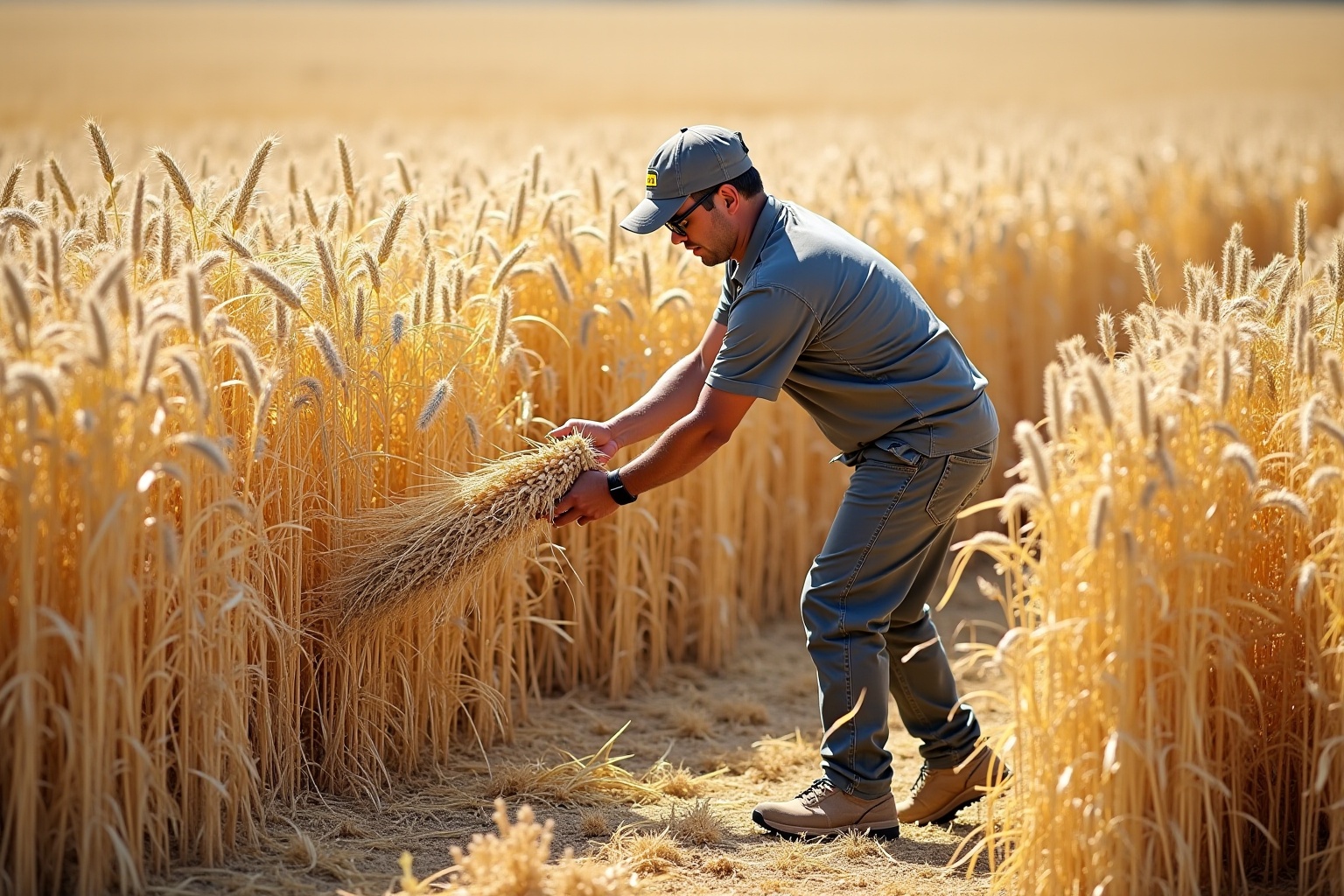 Agriculteur récoltant le blé dans un champ doré.