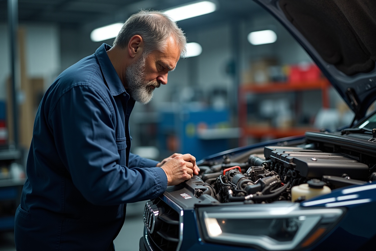 Mécanicien barbu travaillant sur le moteur d'une voiture dans un atelier.