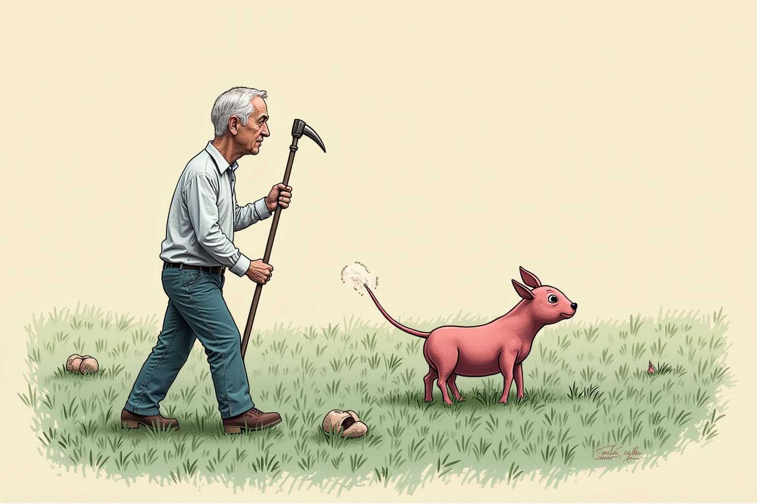 Un homme âgé tenant une pioche dans un champ avec un lapin rose.