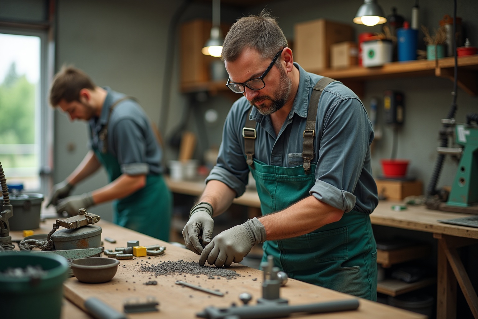 Deux hommes travaillant dans un atelier de réparation, concentrés sur leur tâche.