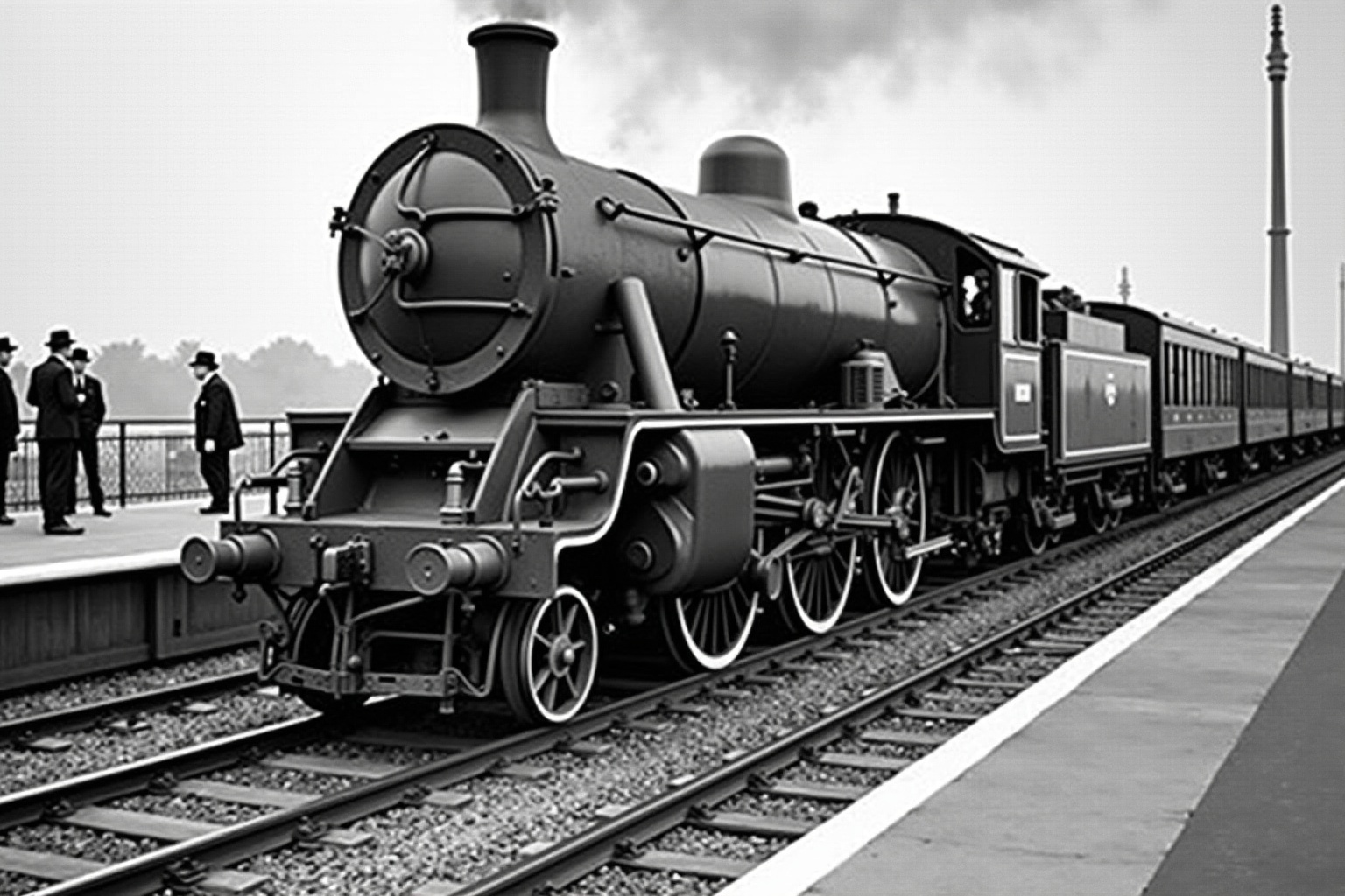 Locomotive à vapeur noire sur des voies ferrées avec des passagers.