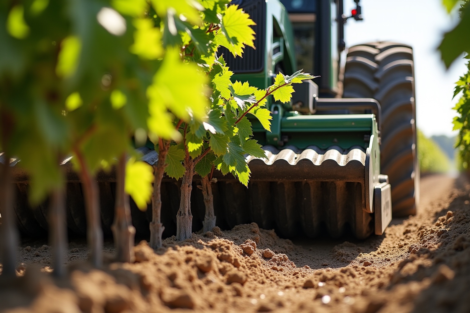 Vignoble avec tracteur vert, feuilles de vigne verdoyantes et sol labouré.