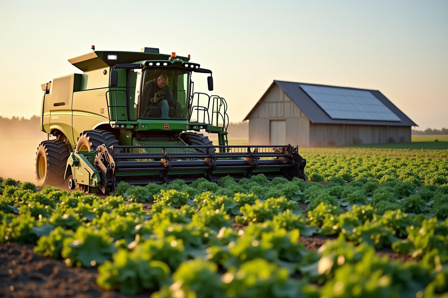 Tracteur agricole vert récolte des légumes dans un champ avec une grange à l'arrière-plan.