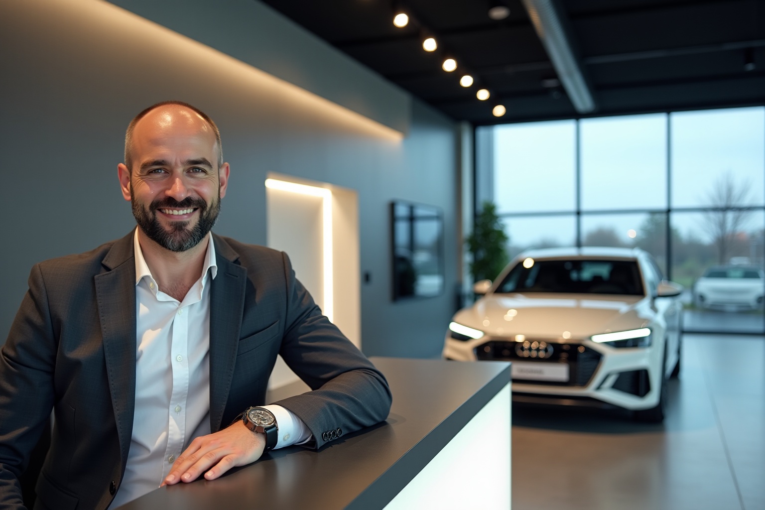 Homme d'affaires souriant dans un showroom automobile moderne.