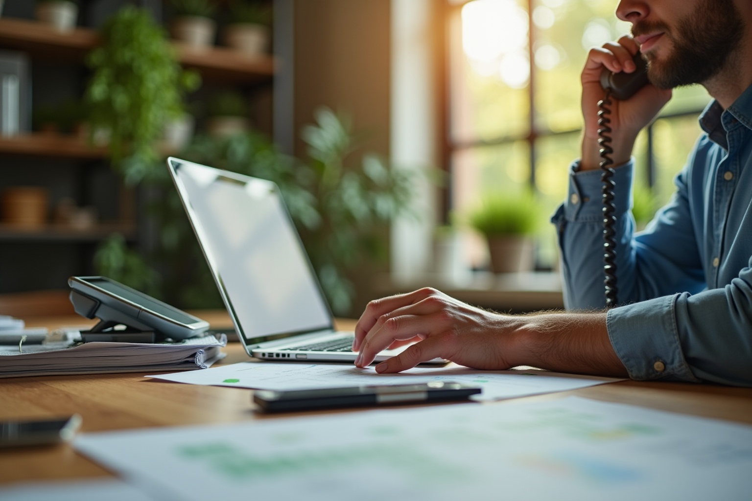 Homme barbu travaillant sur ordinateur portable dans un bureau à domicile.