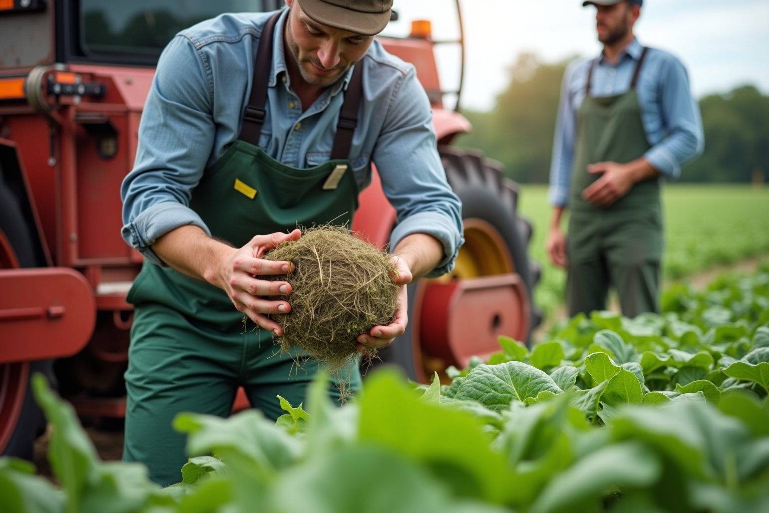 Agriculteur récoltant une botte de foin dans un champ verdoyant.