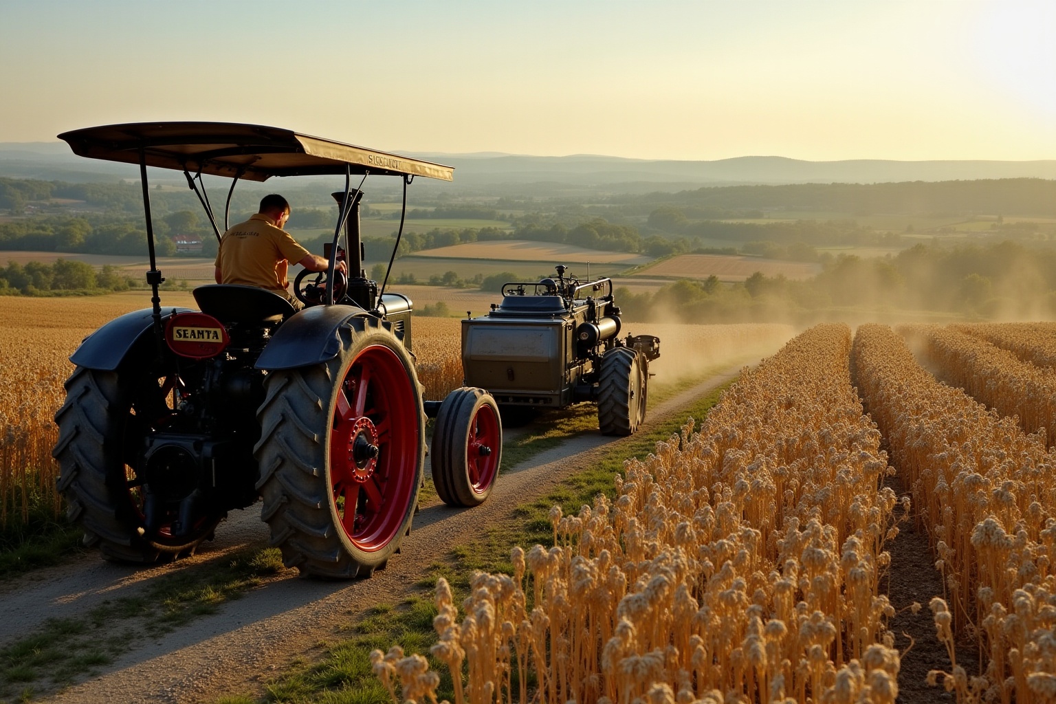 Tracteurs agricoles traversant un champ de blé doré au coucher de soleil.