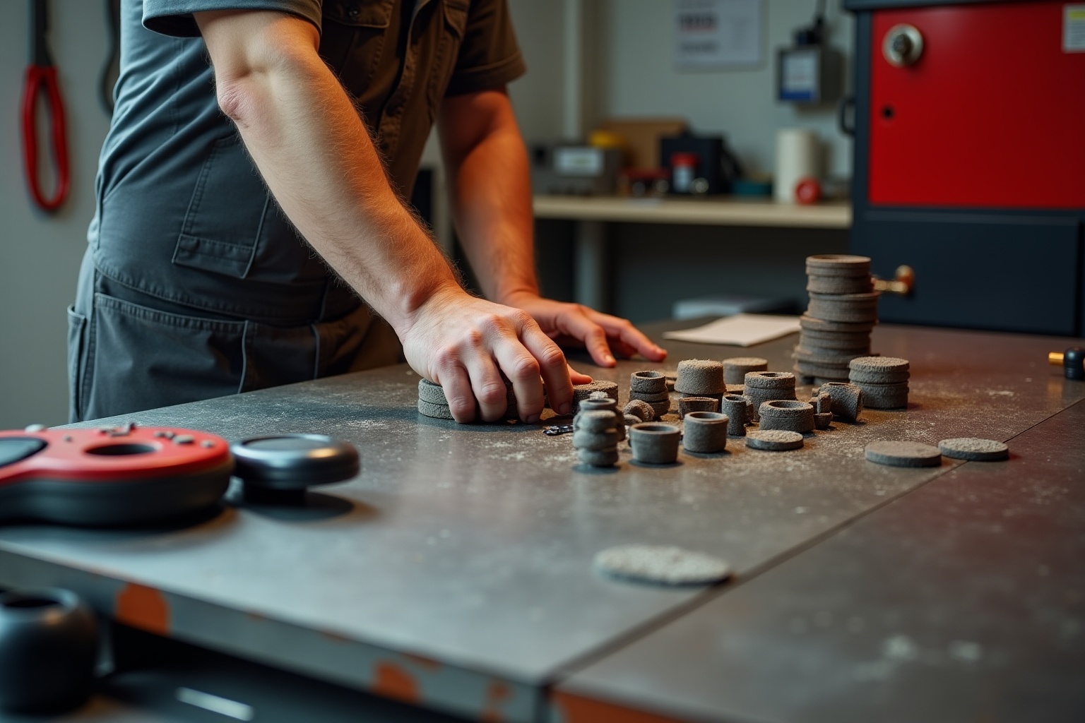 Mains d'un artisan travaillant sur des pièces en céramique sur un établi.