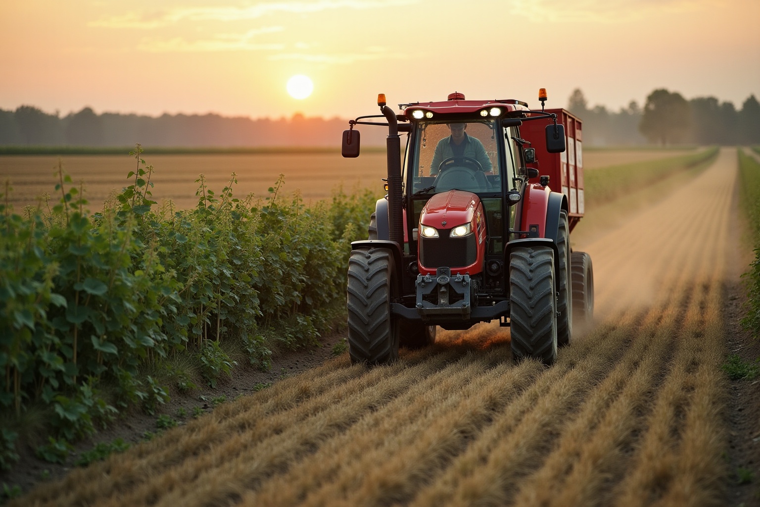Tracteur rouge traversant un champ doré au coucher de soleil.