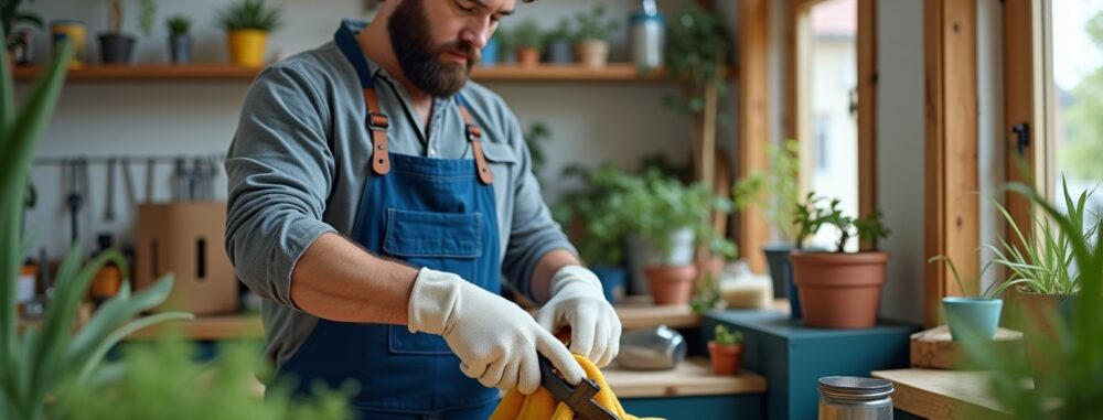 "Un professionnel nettoie un outil de jardinage dans un atelier pour entretenir son équipement"