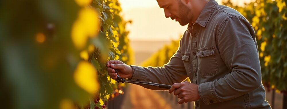 "Agriculteur utilise bineuse vignes intercep au pied du cep de vigne"