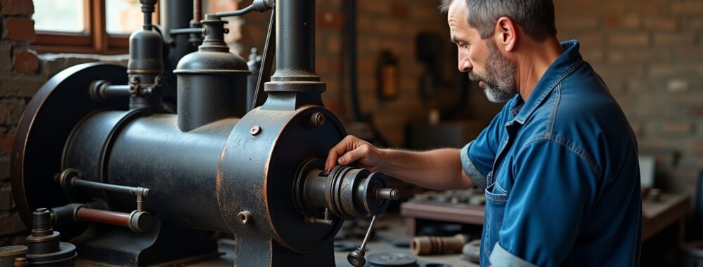 "Machine à vapeur ancienne en fonctionnement avec un ouvrier, patrimoine industriel, musée ou atelier"