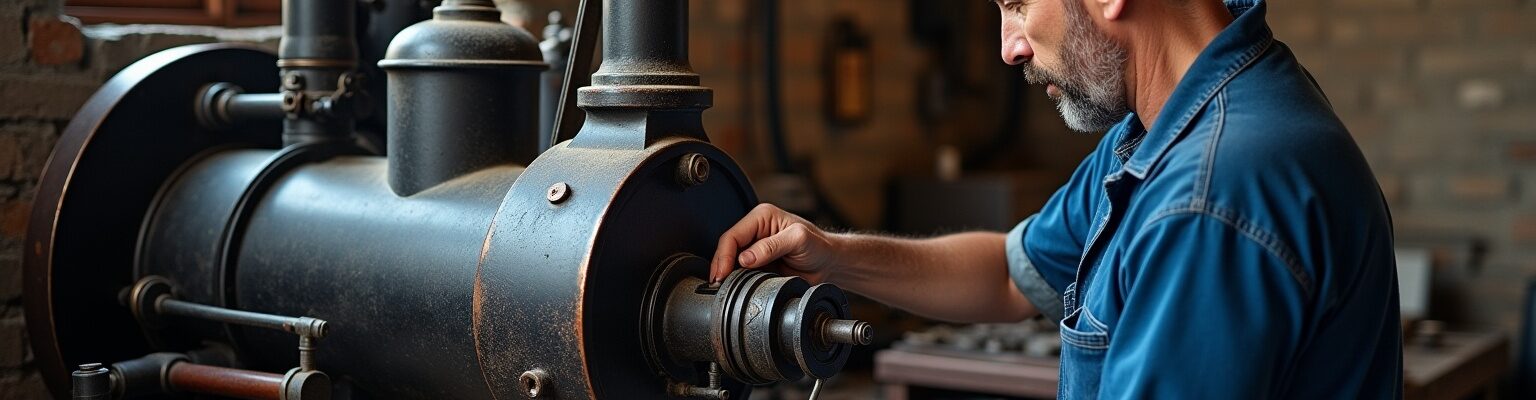 "Machine à vapeur ancienne en fonctionnement avec un ouvrier, patrimoine industriel, musée ou atelier"