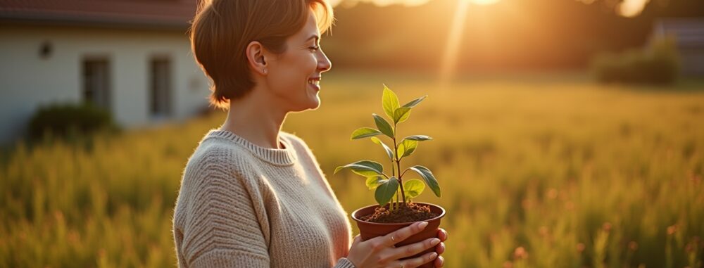 Femme avec plante verte regardant panneau solaire dans une serre, énergie renouvelable et fossile.