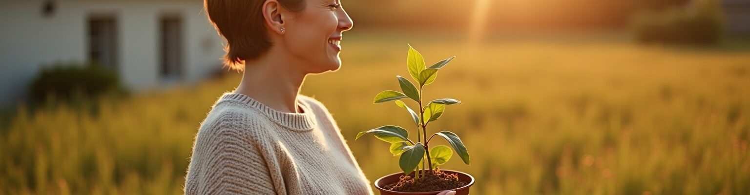 Femme avec plante verte regardant panneau solaire dans une serre, énergie renouvelable et fossile.