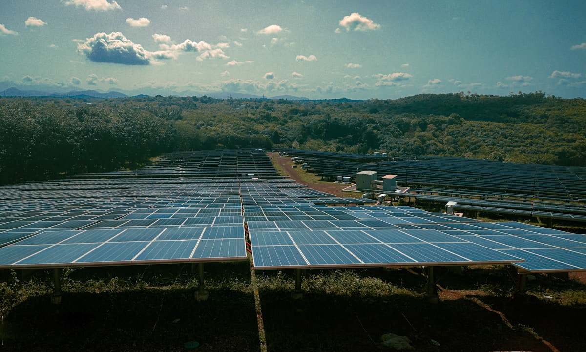 Vaste champ de panneaux solaires dans un paysage verdoyant.