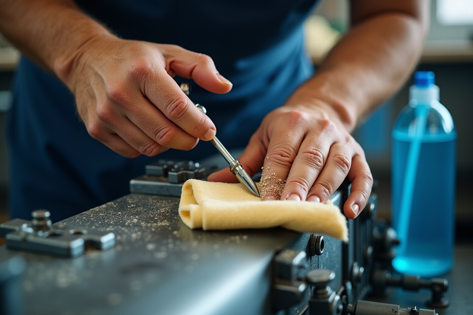 Mains d'un artisan travaillant un matériau avec un outil.