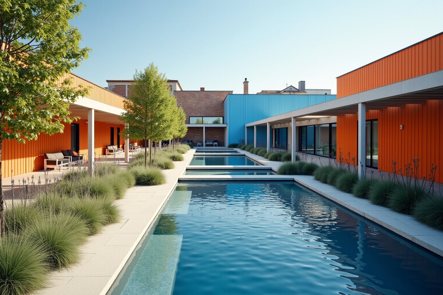 Piscine extérieure moderne avec terrasse et végétation.