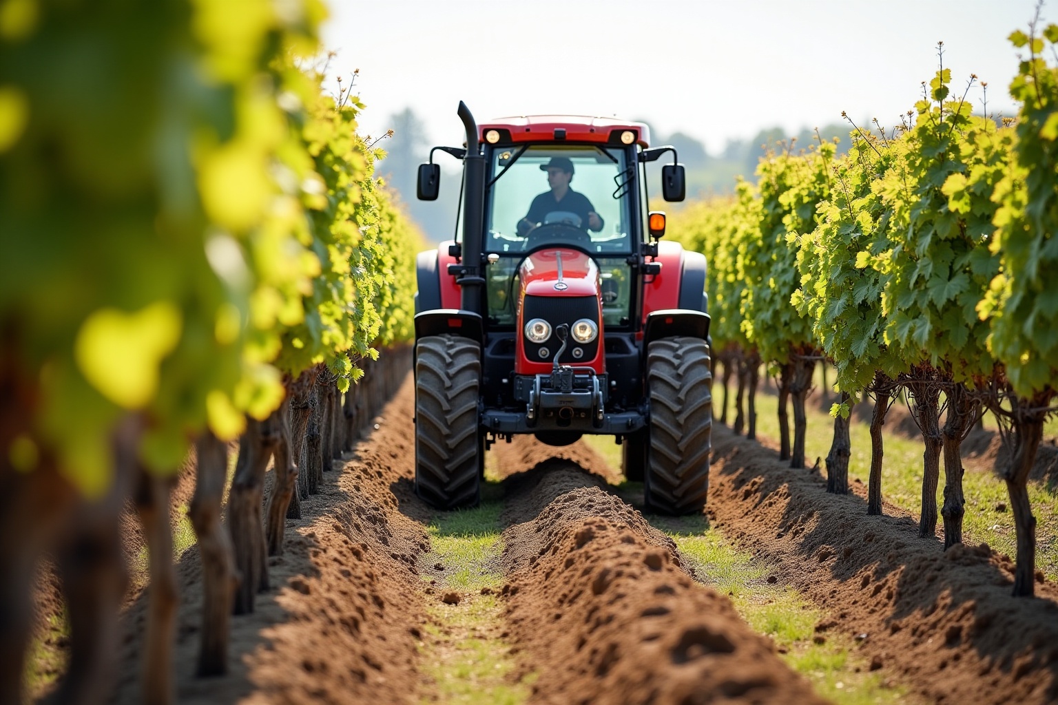 Tracteur rouge traversant un vignoble avec des rangs de vignes.