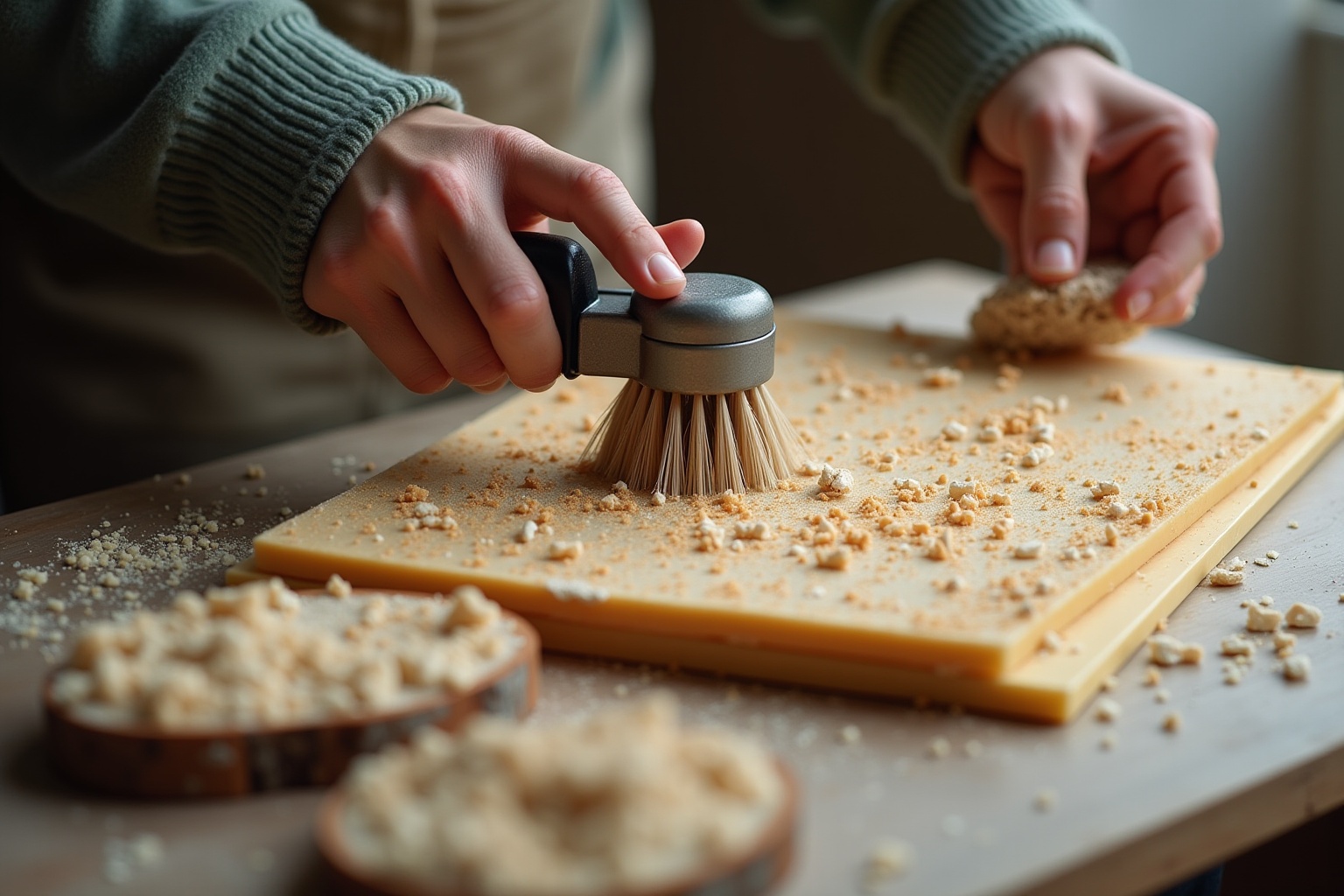 Mains brossant des miettes de pain sur une planche à découper.