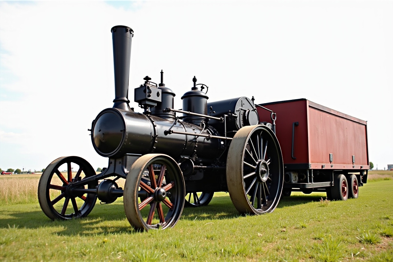 Locomotive à vapeur antique avec remorque rouge sur un champ herbeux.
