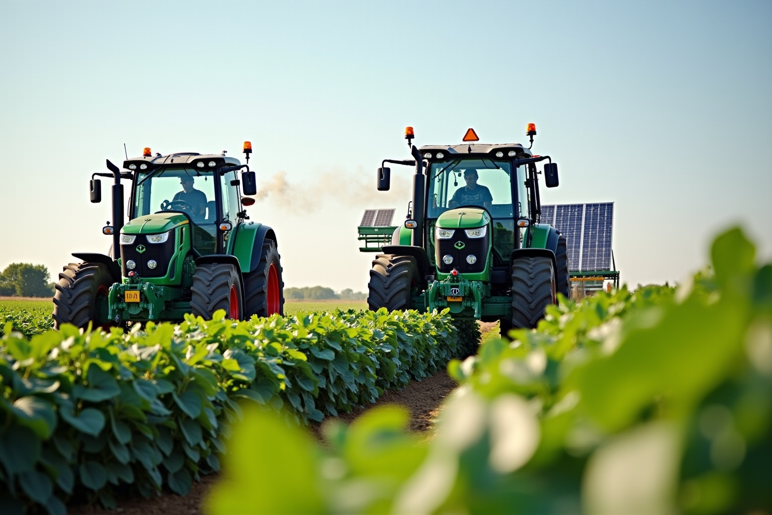 Deux tracteurs verts travaillant dans un champ de cultures.