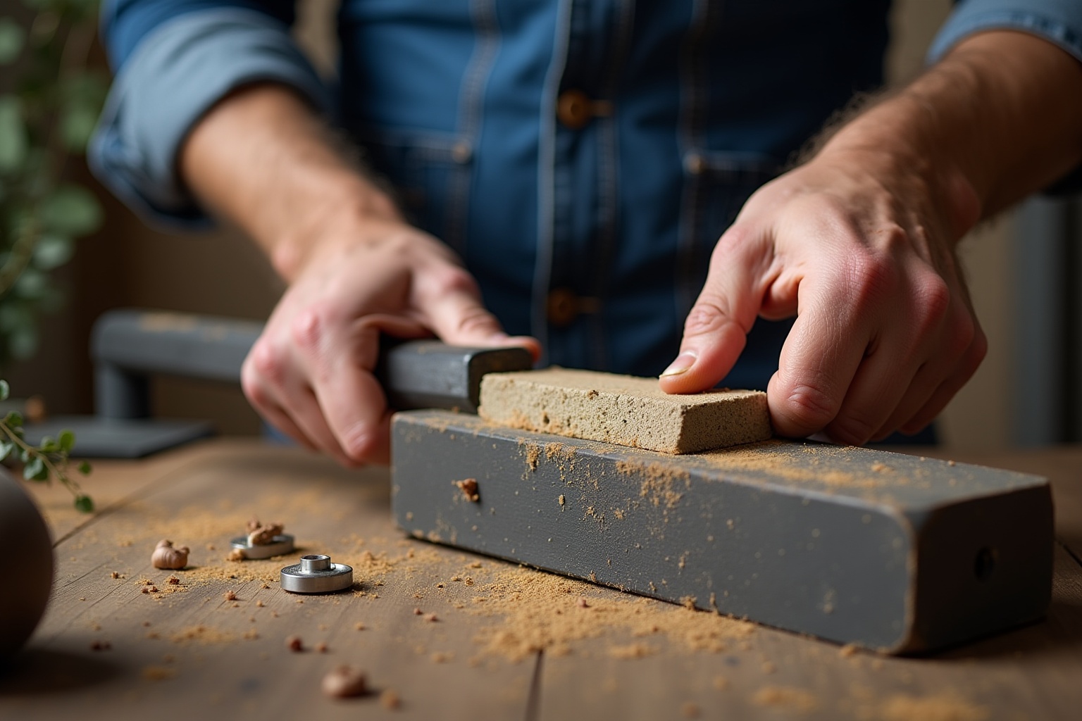 Mains travaillant le bois avec des outils sur un établi.