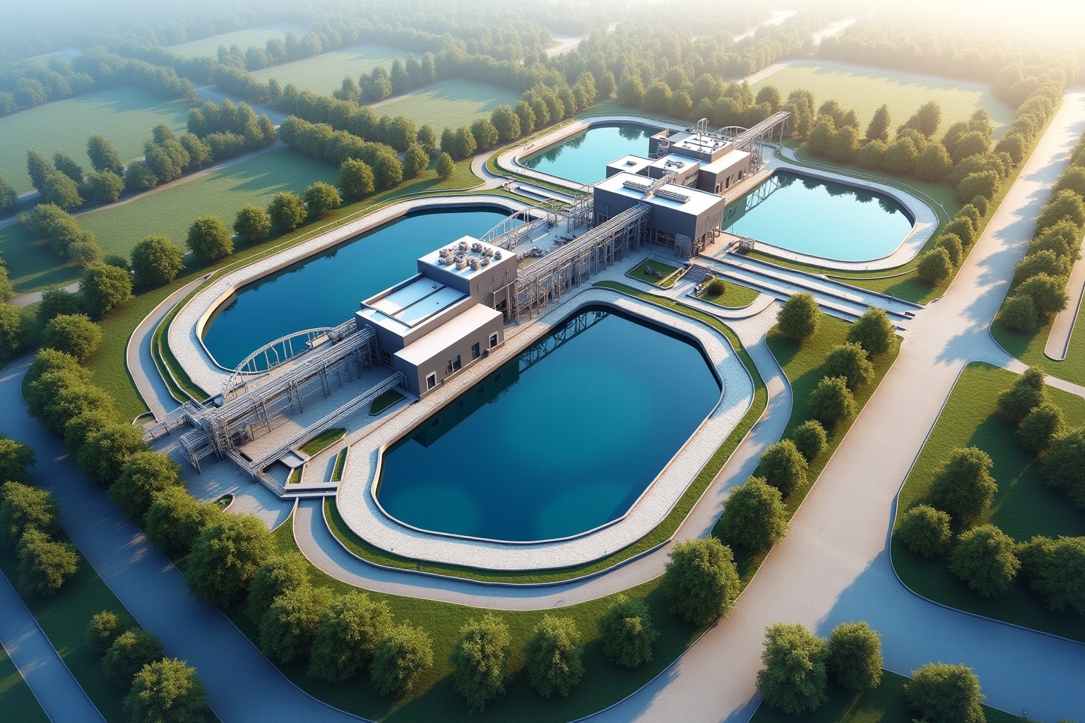 Complexe aquatique moderne avec piscines et bâtiments dans un paysage verdoyant.