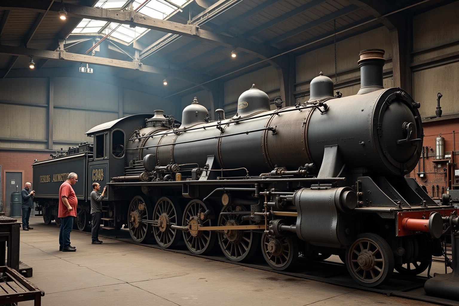 Locomotive à vapeur ancienne dans un hangar industriel.
