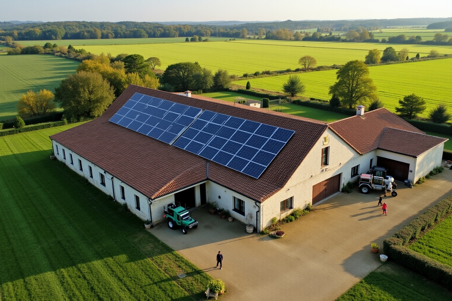 Ferme avec panneaux solaires sur le toit, entourée de champs verdoyants.