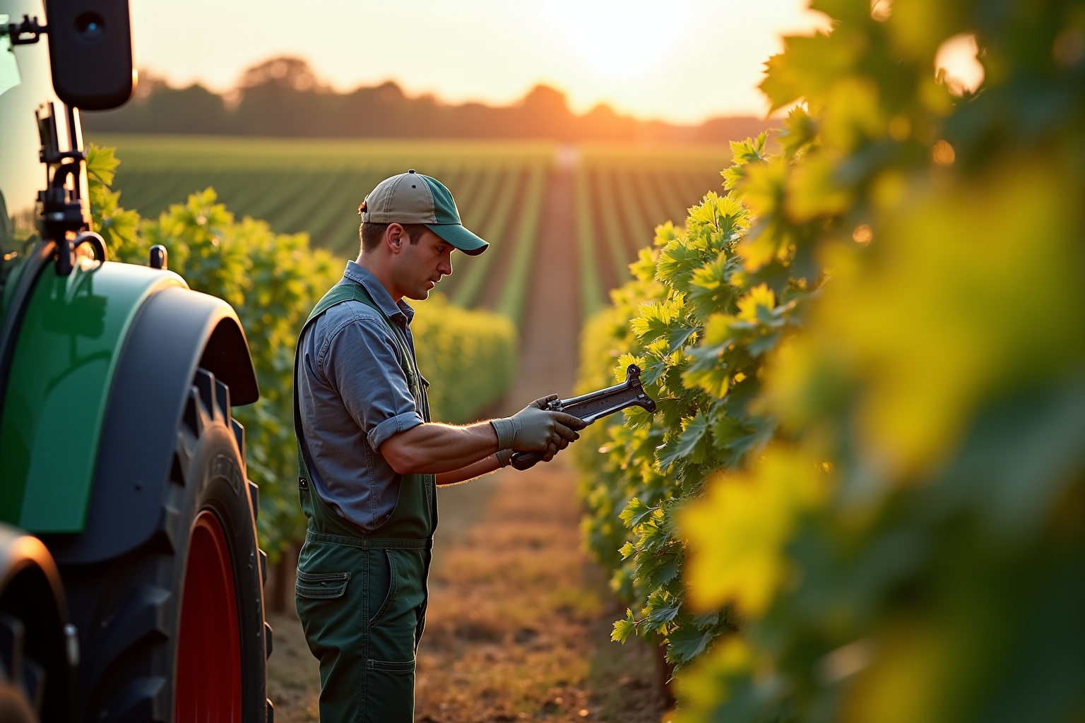Travailleur agricole taillant les vignes au coucher du soleil.